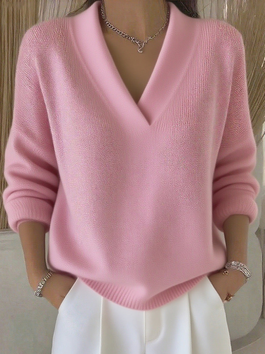 Elegant Soft V-neck Long Sleeve Women's Sweater Knitted Loose Sweater Autumn And Winter New Solid Color Casual Fashion Women's Knitted Sweater