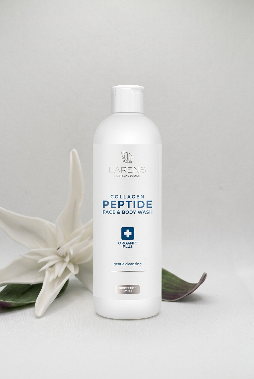 Larens Collagen Peptide Face & Body Wash v svetlom štýle s bielym kvetom